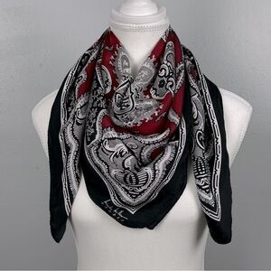 Nicole Miller Studio black red white scarf, no material tag, 33” x 33”
